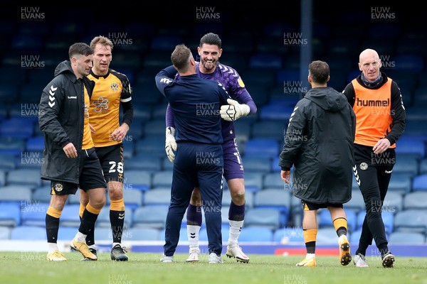 080521 - Southend United v Newport County - Sky Bet League 2 - Newport County manager Michael Flynn and  goalkeeper Tom King celebrate a 1-1 draw with Southend that means they are in the playoffs