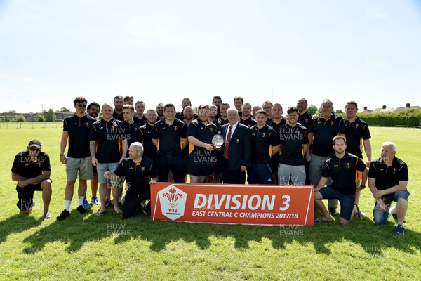130518 - WRU National Division 3 East Central C - Trophy presentation to St Albans -  WRU representative Gwyn Bowden present the trophy to captain Josh Burridge and team