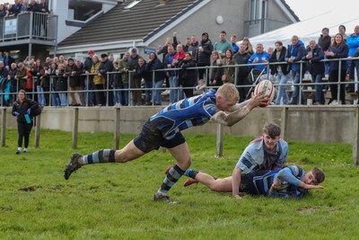 130424 - St Clears RFC v Lampeter Town RFC - Admiral National League 2 West - Dafydd Waters  of St Clears dives in to score a try