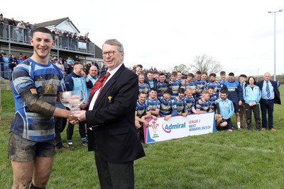 130424 - St Clears RFC v Lampeter Town RFC - Admiral National League 2 West Jac Howells receives the trophy on behalf of St Clears from Chris Jones of the WRU