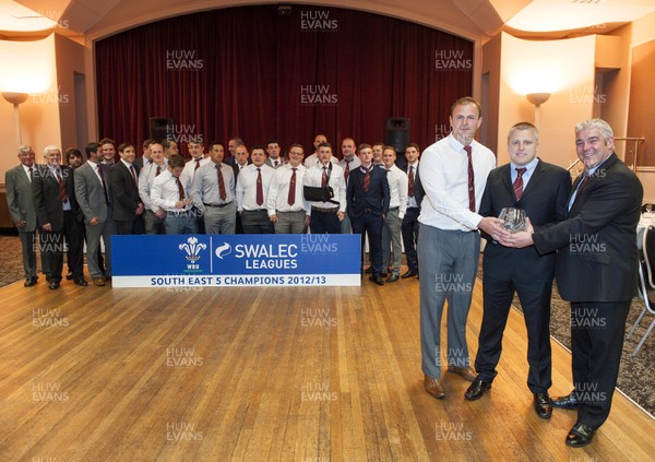 140613 - St Josephs RFC - South East 5 Champions -    St Josephs celebrate winning the SWALEC South East 5 League Pictured with the trophy are LtR: Coach Grant Harrington, Captain Jason Goodridge and Club Secretary Martin Tumelty  