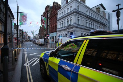 171218 - Picture shows police presence on St Mary's Street, Cardiff centred around the Sandringham Hotel (above Ladbrokes), where it is rumoured to be a hostage situation - 