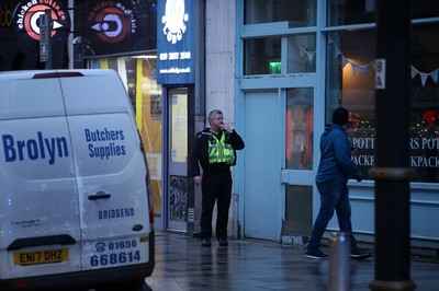 171218 - Picture shows police presence on St Mary's Street, Cardiff centred around the Sandringham Hotel (above Ladbrokes), where it is rumoured to be a hostage situation - 