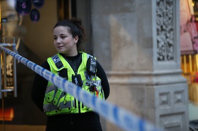 171218 - Picture shows police presence on St Mary's Street, Cardiff centred around the Sandringham Hotel (above Ladbrokes), where it is rumoured to be a hostage situation - 