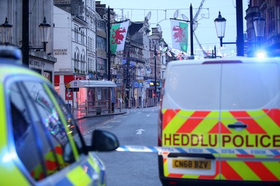 171218 - Picture shows police presence on St Mary's Street, Cardiff centred around the Sandringham Hotel (above Ladbrokes), where it is rumoured to be a hostage situation - 