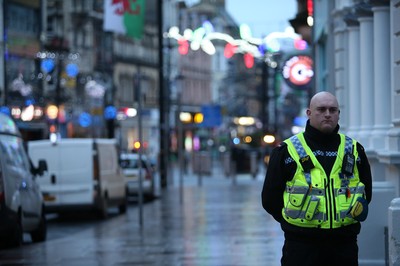 171218 - Picture shows police presence on St Mary's Street, Cardiff centred around the Sandringham Hotel (above Ladbrokes), where it is rumoured to be a hostage situation - 