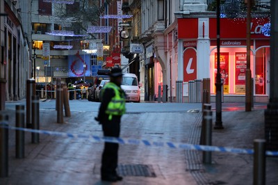 171218 - Picture shows police presence on St Mary's Street, Cardiff centred around the Sandringham Hotel (above Ladbrokes), where it is rumoured to be a hostage situation - 