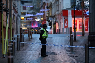 171218 - Picture shows police presence on St Mary's Street, Cardiff centred around the Sandringham Hotel (above Ladbrokes), where it is rumoured to be a hostage situation - 