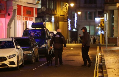 171218 - Picture shows police presence on St Mary's Street, Cardiff centred around the Sandringham Hotel (above Ladbrokes), where it is rumoured to be a hostage situation - 