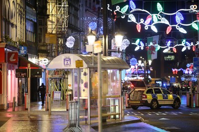 171218 - Picture shows police presence on St Mary's Street, Cardiff centred around the Sandringham Hotel (above Ladbrokes), where it is rumoured to be a hostage situation - 