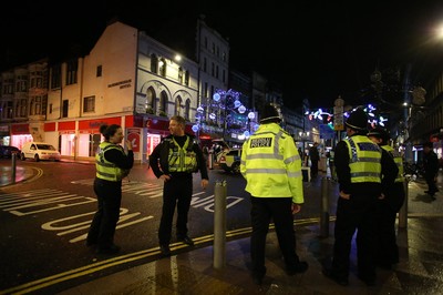 171218 - Picture shows police presence on St Mary's Street, Cardiff centred around the Sandringham Hotel (above Ladbrokes), where it is rumoured to be a hostage situation - 