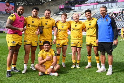 050426 - Stade Francais v Dragons RFC - EPCR Challenge Cup Round of 16 - Levi Douglas of Dragons RFC and Fine Inisi of Dragons RFC and Tinus De Beer of Dragons RFC and Morgan Lloyd of Dragons RFC and Coach Filo Tiatia of Dragons RFC and Rodrigo Martinez of Dragons RFC after the match
