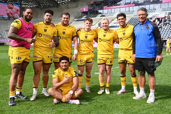 050426 - Stade Francais v Dragons RFC - EPCR Challenge Cup Round of 16 - Levi Douglas of Dragons RFC and Fine Inisi of Dragons RFC and Tinus De Beer of Dragons RFC and Morgan Lloyd of Dragons RFC and Coach Filo Tiatia of Dragons RFC and Rodrigo Martinez of Dragons RFC after the match