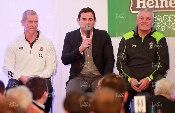 050215 - Picture shows England Coach Stuart Lancaster, Will Carling and Wales Coach Warren Gatland at the #StaystrongforOws charity lunch at the Cardiff Arms Park