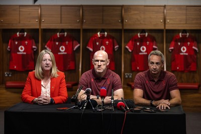 070825 - Picture shows new Wales Senior Mens Head Coach Steve Tandy with Chief Executive Abi Tierney and Director of Rugby and Elite Performance Dave Reddin at the Principality Stadium today