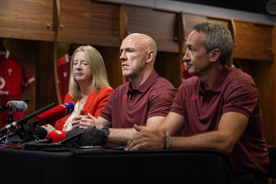 070825 - Picture shows new Wales Senior Mens Head Coach Steve Tandy with Chief Executive Abi Tierney and Director of Rugby and Elite Performance Dave Reddin at the Principality Stadium today