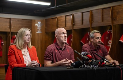 070825 - Picture shows new Wales Senior Mens Head Coach Steve Tandy with Chief Executive Abi Tierney and Director of Rugby and Elite Performance Dave Reddin at the Principality Stadium today