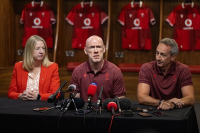 070825 - Picture shows new Wales Senior Mens Head Coach Steve Tandy with Chief Executive Abi Tierney and Director of Rugby and Elite Performance Dave Reddin at the Principality Stadium today