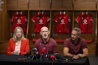 070825 - Picture shows new Wales Senior Mens Head Coach Steve Tandy with Chief Executive Abi Tierney and Director of Rugby and Elite Performance Dave Reddin at the Principality Stadium today