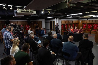 070825 - Picture shows new Wales Senior Mens Head Coach Steve Tandy with Chief Executive Abi Tierney and Director of Rugby and Elite Performance Dave Reddin at the Principality Stadium today