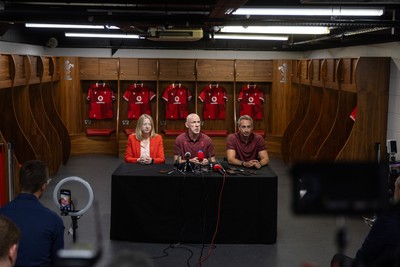 070825 - Picture shows new Wales Senior Mens Head Coach Steve Tandy with Chief Executive Abi Tierney and Director of Rugby and Elite Performance Dave Reddin at the Principality Stadium today