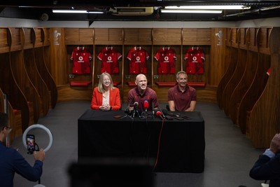 070825 - Picture shows new Wales Senior Mens Head Coach Steve Tandy with Chief Executive Abi Tierney and Director of Rugby and Elite Performance Dave Reddin at the Principality Stadium today