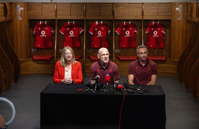070825 - Picture shows new Wales Senior Mens Head Coach Steve Tandy with Chief Executive Abi Tierney and Director of Rugby and Elite Performance Dave Reddin at the Principality Stadium today