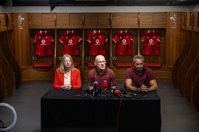 070825 - Picture shows new Wales Senior Mens Head Coach Steve Tandy with Chief Executive Abi Tierney and Director of Rugby and Elite Performance Dave Reddin at the Principality Stadium today