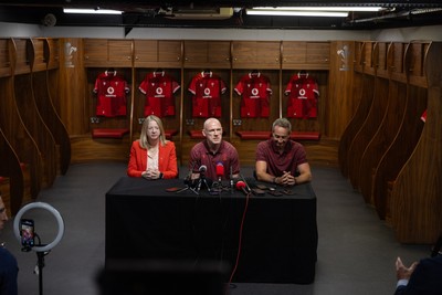 070825 - Picture shows new Wales Senior Mens Head Coach Steve Tandy with Chief Executive Abi Tierney and Director of Rugby and Elite Performance Dave Reddin at the Principality Stadium today