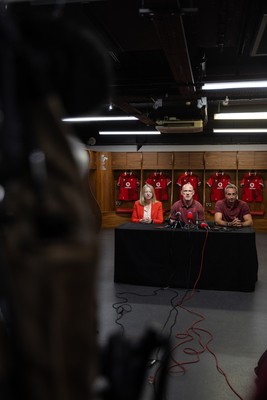 070825 - Picture shows new Wales Senior Mens Head Coach Steve Tandy with Chief Executive Abi Tierney and Director of Rugby and Elite Performance Dave Reddin at the Principality Stadium today
