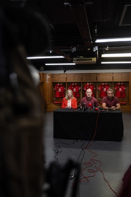 070825 - Picture shows new Wales Senior Mens Head Coach Steve Tandy with Chief Executive Abi Tierney and Director of Rugby and Elite Performance Dave Reddin at the Principality Stadium today