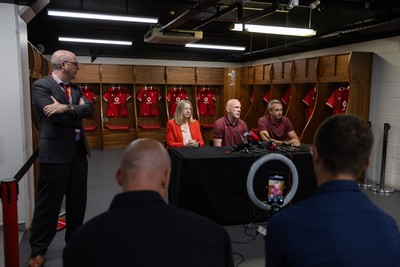 070825 - Picture shows new Wales Senior Mens Head Coach Steve Tandy with Chief Executive Abi Tierney and Director of Rugby and Elite Performance Dave Reddin at the Principality Stadium today
