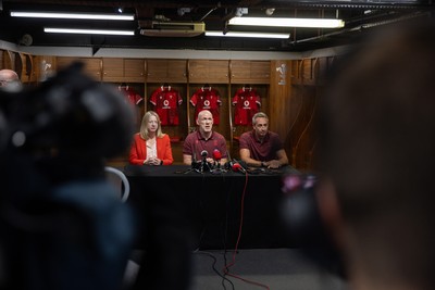 070825 - Picture shows new Wales Senior Mens Head Coach Steve Tandy with Chief Executive Abi Tierney and Director of Rugby and Elite Performance Dave Reddin at the Principality Stadium today