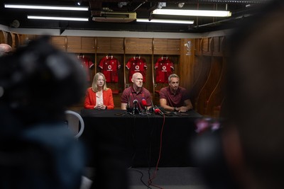070825 - Picture shows new Wales Senior Mens Head Coach Steve Tandy with Chief Executive Abi Tierney and Director of Rugby and Elite Performance Dave Reddin at the Principality Stadium today