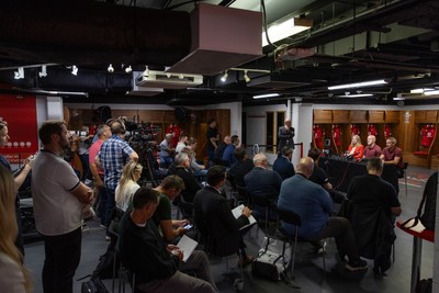 070825 - Picture shows new Wales Senior Mens Head Coach Steve Tandy with Chief Executive Abi Tierney and Director of Rugby and Elite Performance Dave Reddin at the Principality Stadium today