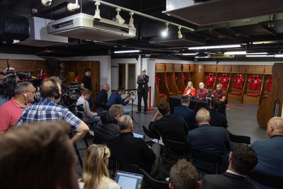 070825 - Picture shows new Wales Senior Mens Head Coach Steve Tandy with Chief Executive Abi Tierney and Director of Rugby and Elite Performance Dave Reddin at the Principality Stadium today