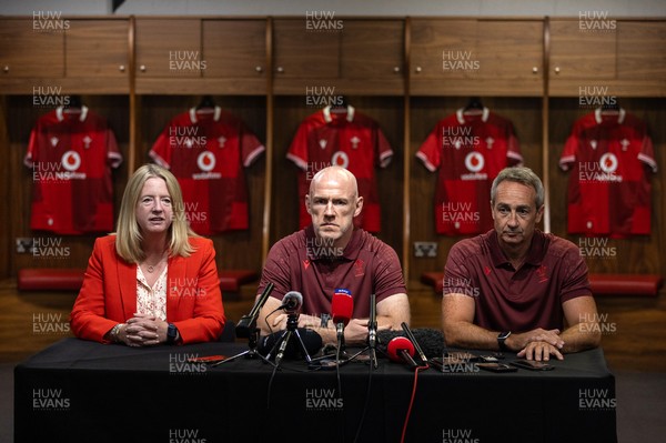 070825 - Picture shows new Wales Senior Mens Head Coach Steve Tandy with Chief Executive Abi Tierney and Director of Rugby and Elite Performance Dave Reddin at the Principality Stadium today