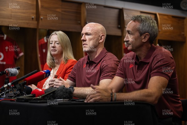 070825 - Picture shows new Wales Senior Mens Head Coach Steve Tandy with Chief Executive Abi Tierney and Director of Rugby and Elite Performance Dave Reddin at the Principality Stadium today