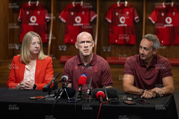 070825 - Picture shows new Wales Senior Mens Head Coach Steve Tandy with Chief Executive Abi Tierney and Director of Rugby and Elite Performance Dave Reddin at the Principality Stadium today