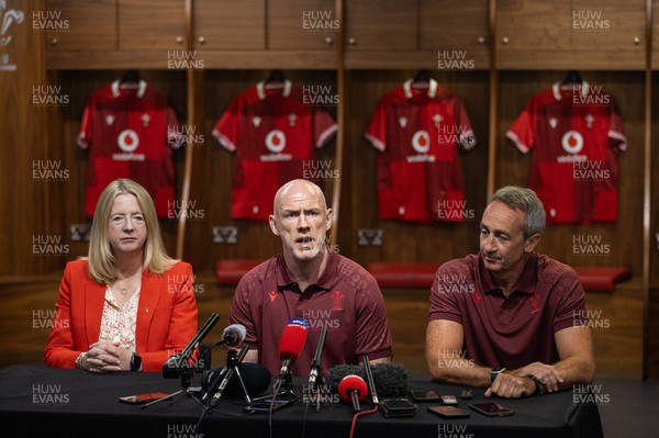070825 - Picture shows new Wales Senior Mens Head Coach Steve Tandy with Chief Executive Abi Tierney and Director of Rugby and Elite Performance Dave Reddin at the Principality Stadium today