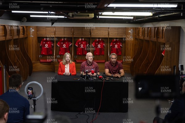 070825 - Picture shows new Wales Senior Mens Head Coach Steve Tandy with Chief Executive Abi Tierney and Director of Rugby and Elite Performance Dave Reddin at the Principality Stadium today
