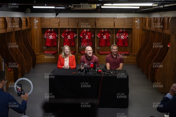 070825 - Picture shows new Wales Senior Mens Head Coach Steve Tandy with Chief Executive Abi Tierney and Director of Rugby and Elite Performance Dave Reddin at the Principality Stadium today
