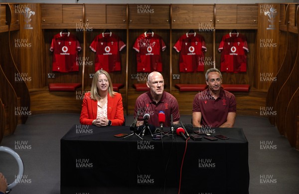070825 - Picture shows new Wales Senior Mens Head Coach Steve Tandy with Chief Executive Abi Tierney and Director of Rugby and Elite Performance Dave Reddin at the Principality Stadium today