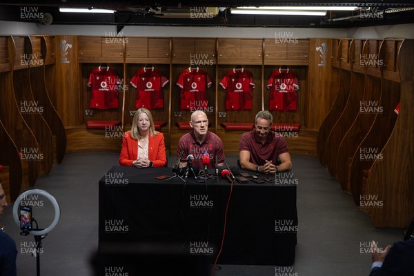 070825 - Picture shows new Wales Senior Mens Head Coach Steve Tandy with Chief Executive Abi Tierney and Director of Rugby and Elite Performance Dave Reddin at the Principality Stadium today