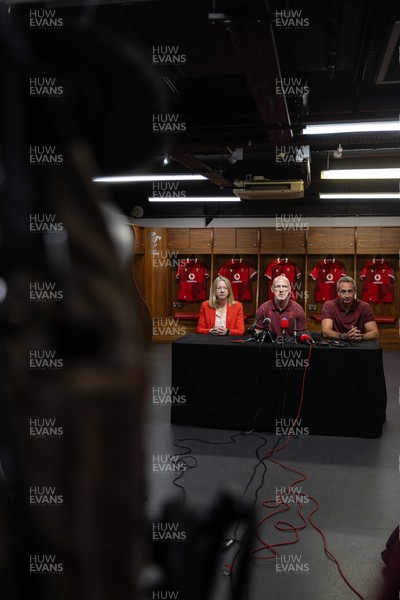 070825 - Picture shows new Wales Senior Mens Head Coach Steve Tandy with Chief Executive Abi Tierney and Director of Rugby and Elite Performance Dave Reddin at the Principality Stadium today