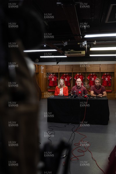 070825 - Picture shows new Wales Senior Mens Head Coach Steve Tandy with Chief Executive Abi Tierney and Director of Rugby and Elite Performance Dave Reddin at the Principality Stadium today