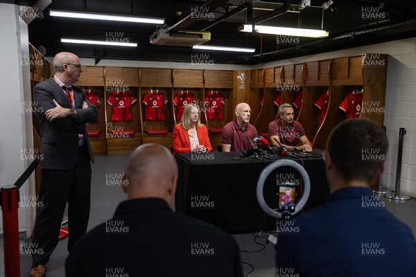 070825 - Picture shows new Wales Senior Mens Head Coach Steve Tandy with Chief Executive Abi Tierney and Director of Rugby and Elite Performance Dave Reddin at the Principality Stadium today