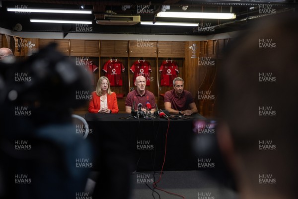 070825 - Picture shows new Wales Senior Mens Head Coach Steve Tandy with Chief Executive Abi Tierney and Director of Rugby and Elite Performance Dave Reddin at the Principality Stadium today