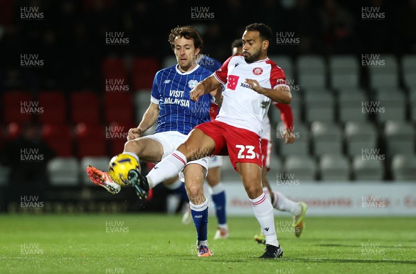 091225 - Stevenage FC v Cardiff City - SkyBet League One - Louis Thompson of Stevenage is challenged by Ryan Wintle of Cardiff 