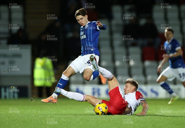 091225 - Stevenage FC v Cardiff City - SkyBet League One - Cian Ashford of Cardiff is tackled by Carl Piergianni of Stevenage 